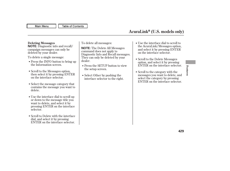 Acuralink (u.s. models only) | Acura 2011 TL User Manual | Page 432 / 614