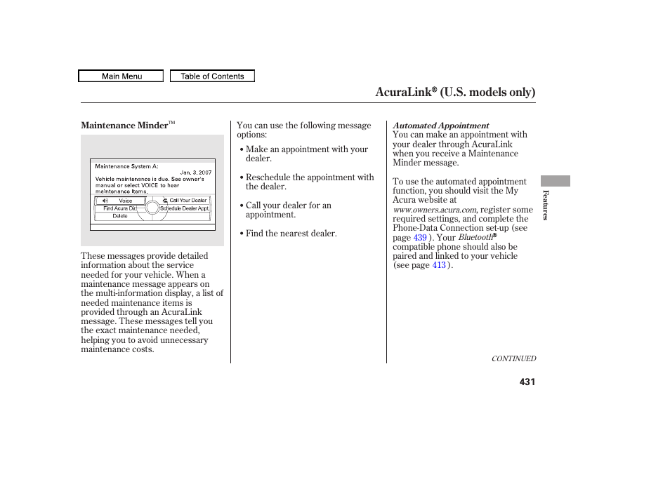 Acuralink (u.s. models only) | Acura 2011 TL User Manual | Page 434 / 614