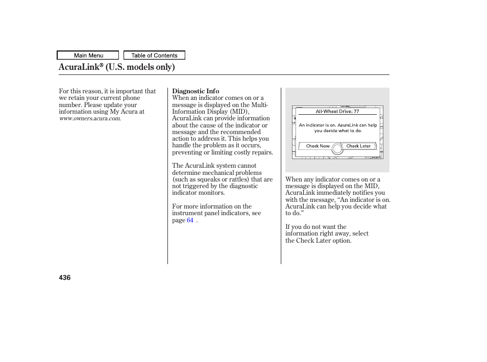 Acuralink (u.s. models only) | Acura 2011 TL User Manual | Page 439 / 614