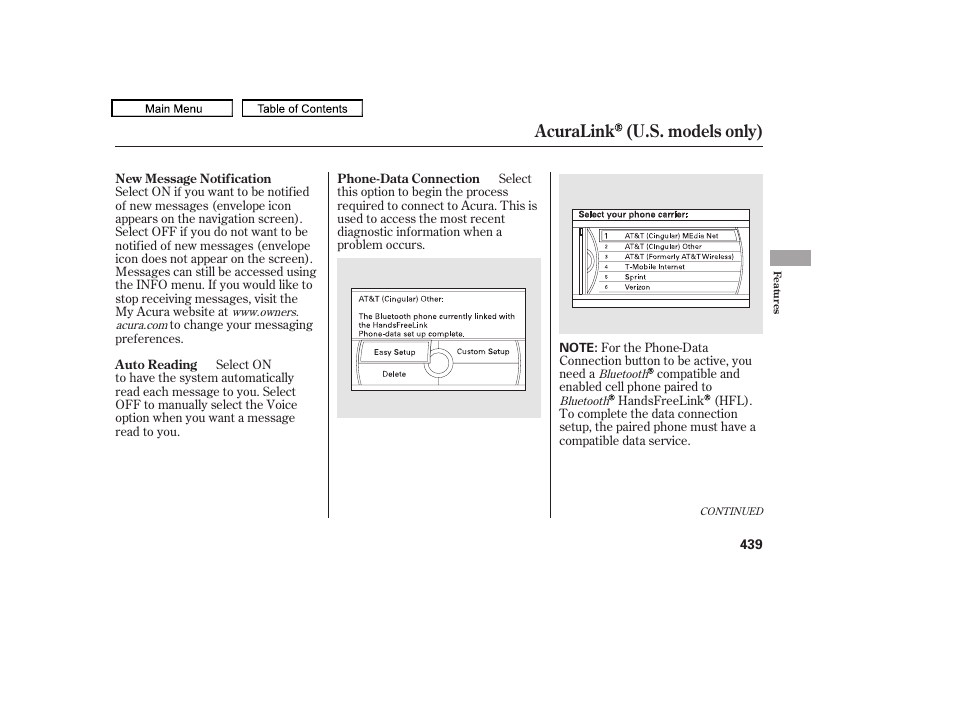 Acuralink (u.s. models only) | Acura 2011 TL User Manual | Page 442 / 614