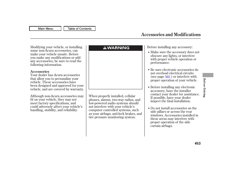 Accessories and modifications | Acura 2011 TL User Manual | Page 456 / 614