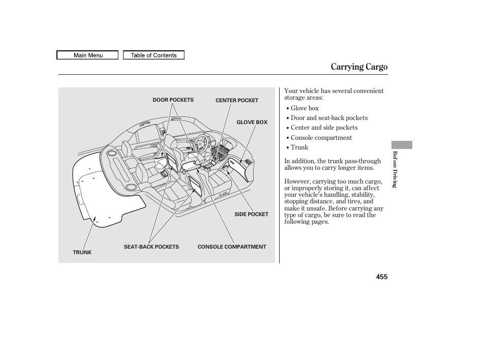 Carrying cargo, 2011 tl | Acura 2011 TL User Manual | Page 458 / 614