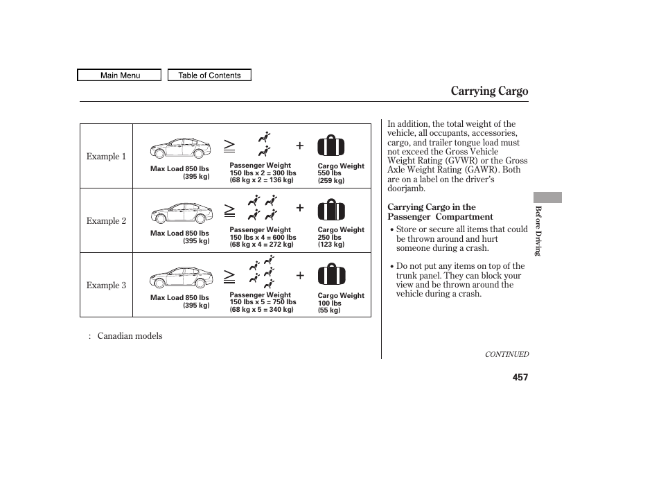 Carrying cargo, 2011 tl | Acura 2011 TL User Manual | Page 460 / 614