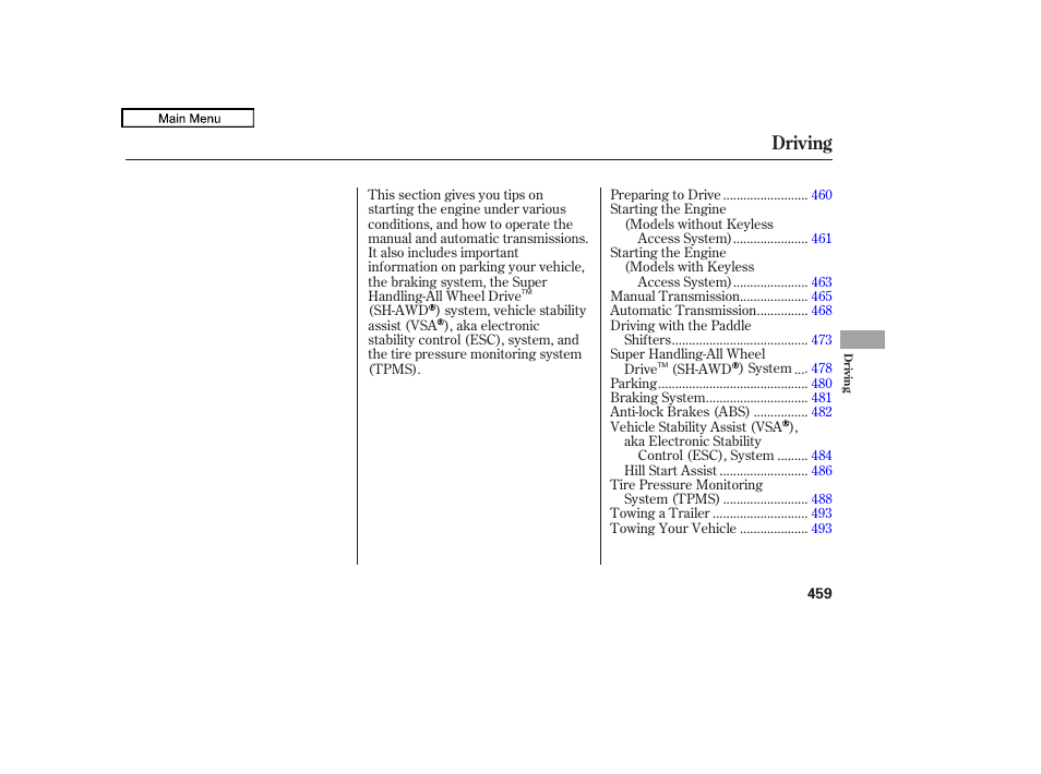 Driving | Acura 2011 TL User Manual | Page 462 / 614