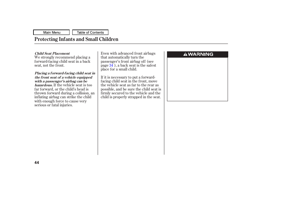 Protecting infants and small children | Acura 2011 TL User Manual | Page 47 / 614