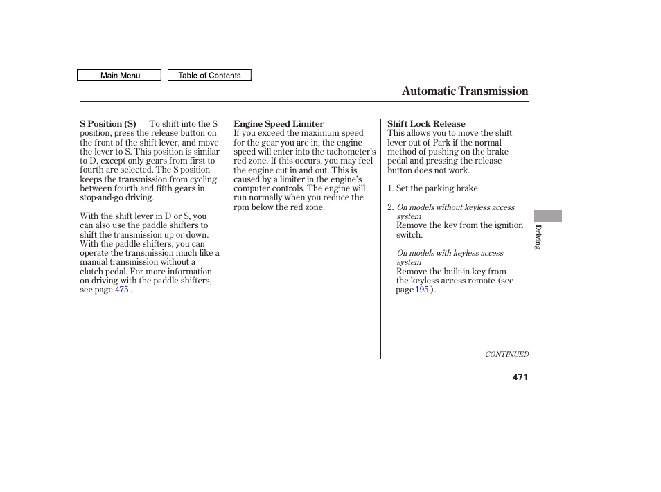 Automatic transmission | Acura 2011 TL User Manual | Page 474 / 614