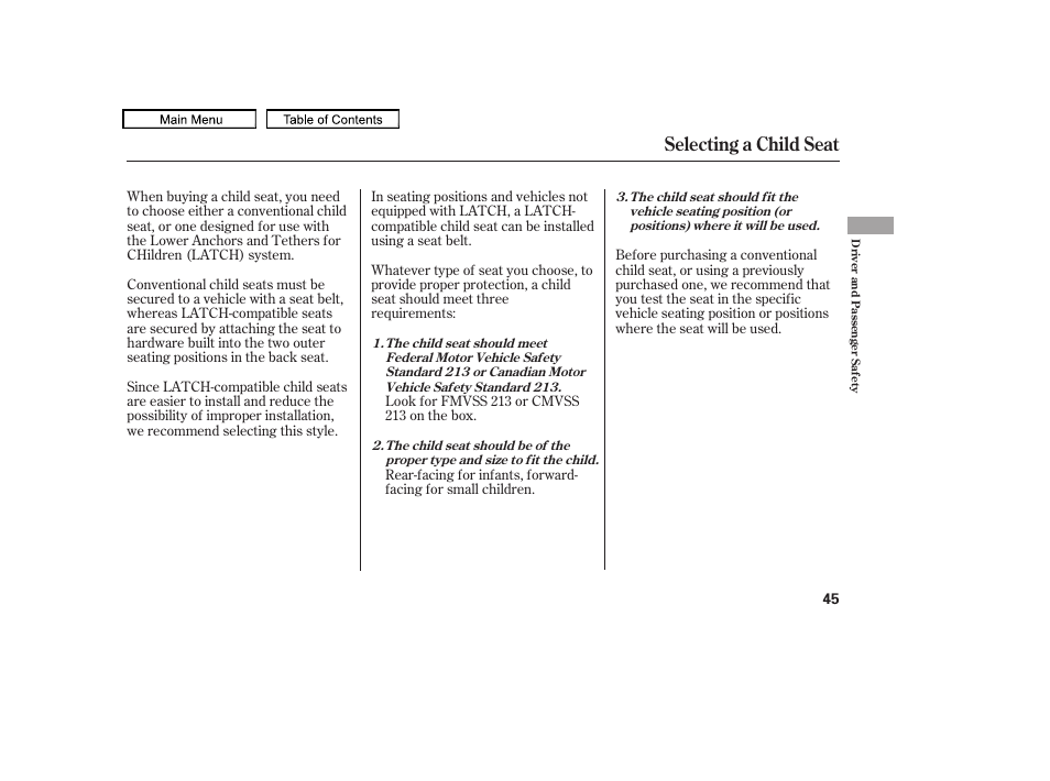 Selecting a child seat, 2011 tl | Acura 2011 TL User Manual | Page 48 / 614