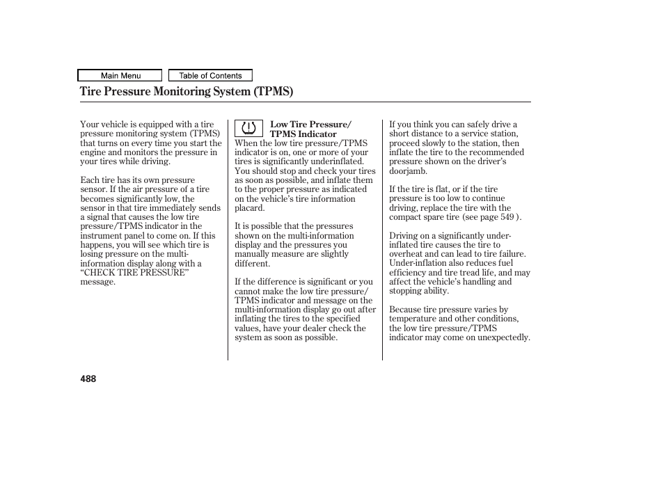 Tire pressure monitoring system (tpms) | Acura 2011 TL User Manual | Page 491 / 614