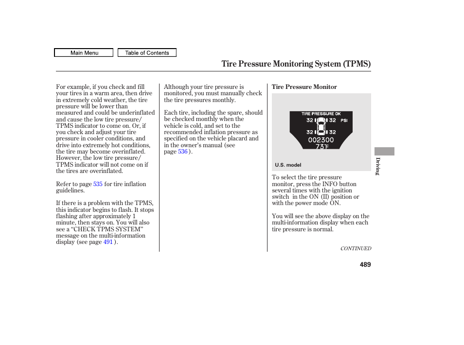 Tire pressure monitoring system (tpms) | Acura 2011 TL User Manual | Page 492 / 614