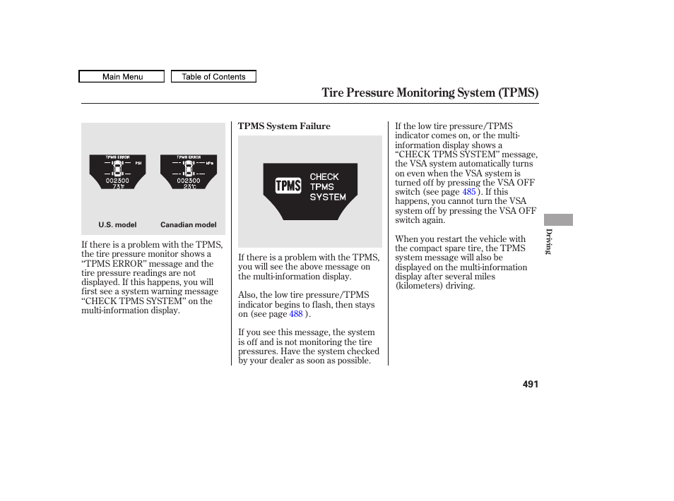 Tire pressure monitoring system (tpms) | Acura 2011 TL User Manual | Page 494 / 614