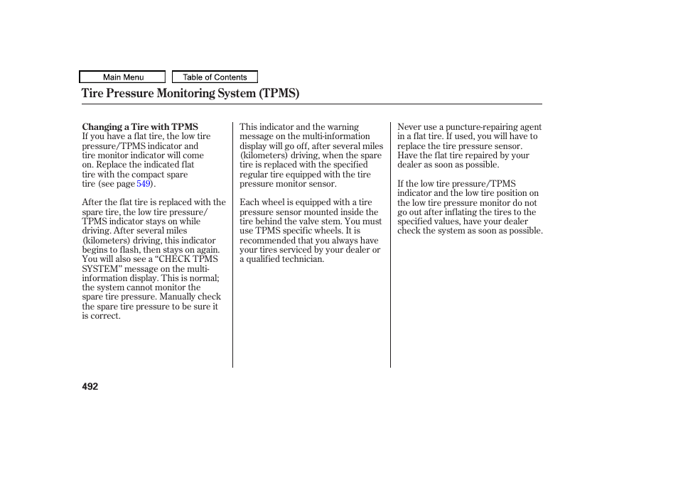 Tire pressure monitoring system (tpms) | Acura 2011 TL User Manual | Page 495 / 614