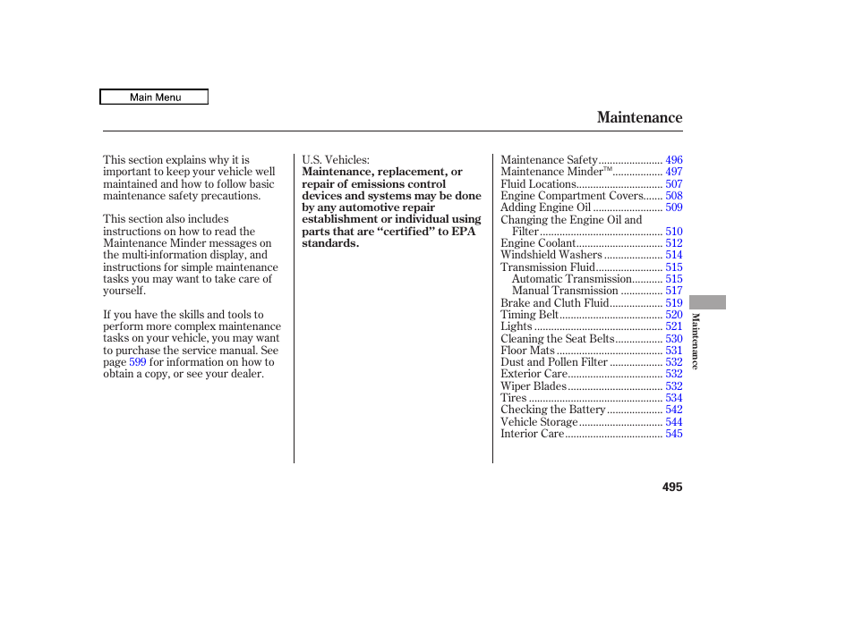 Maintenance | Acura 2011 TL User Manual | Page 498 / 614