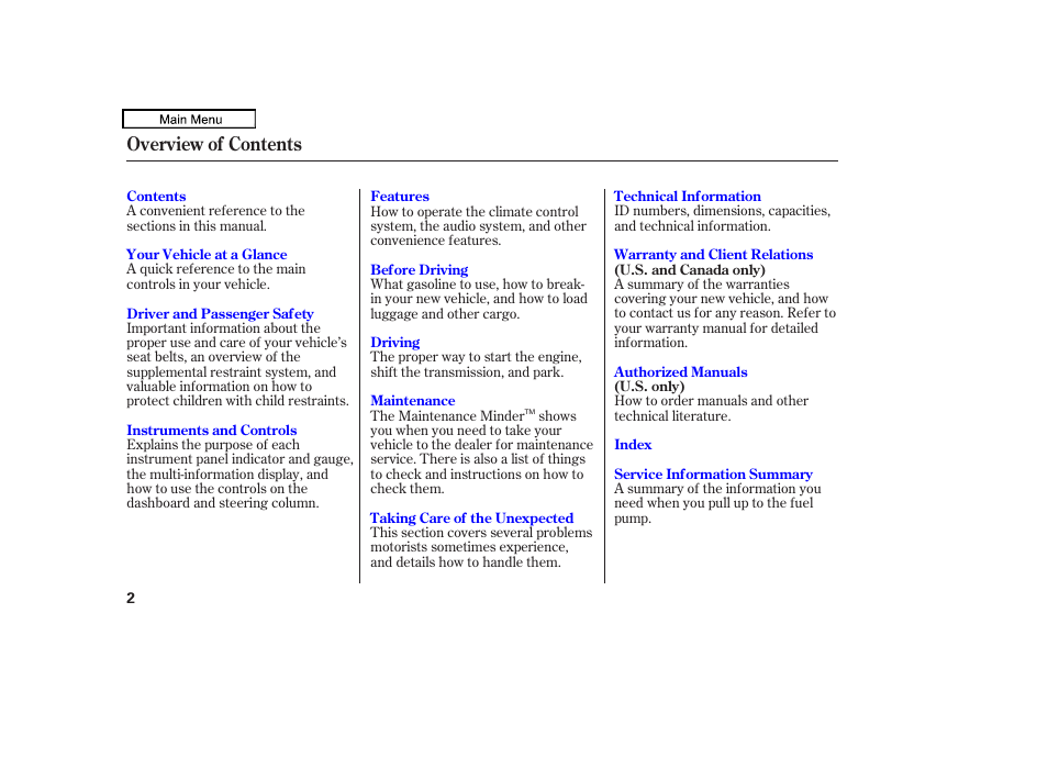 Overview of contents | Acura 2011 TL User Manual | Page 5 / 614