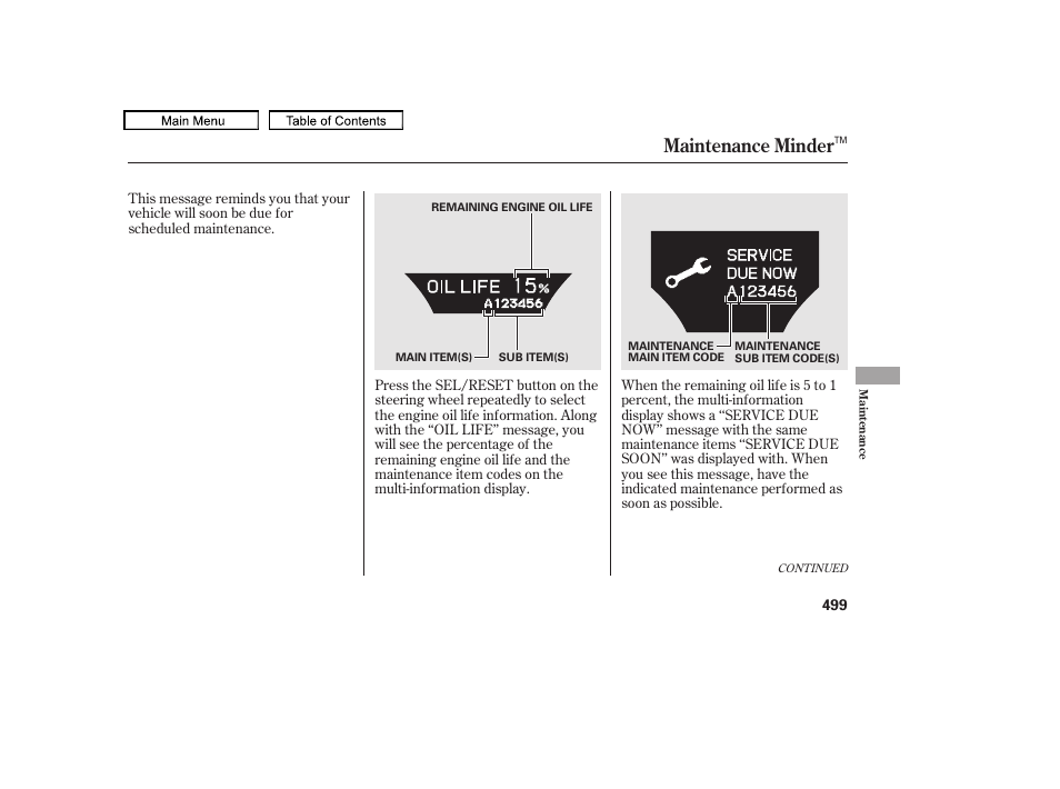 Maintenance minder, 2011 tl | Acura 2011 TL User Manual | Page 502 / 614