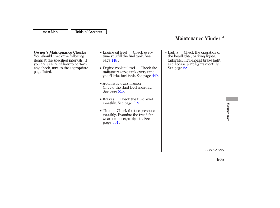 Maintenance minder | Acura 2011 TL User Manual | Page 508 / 614