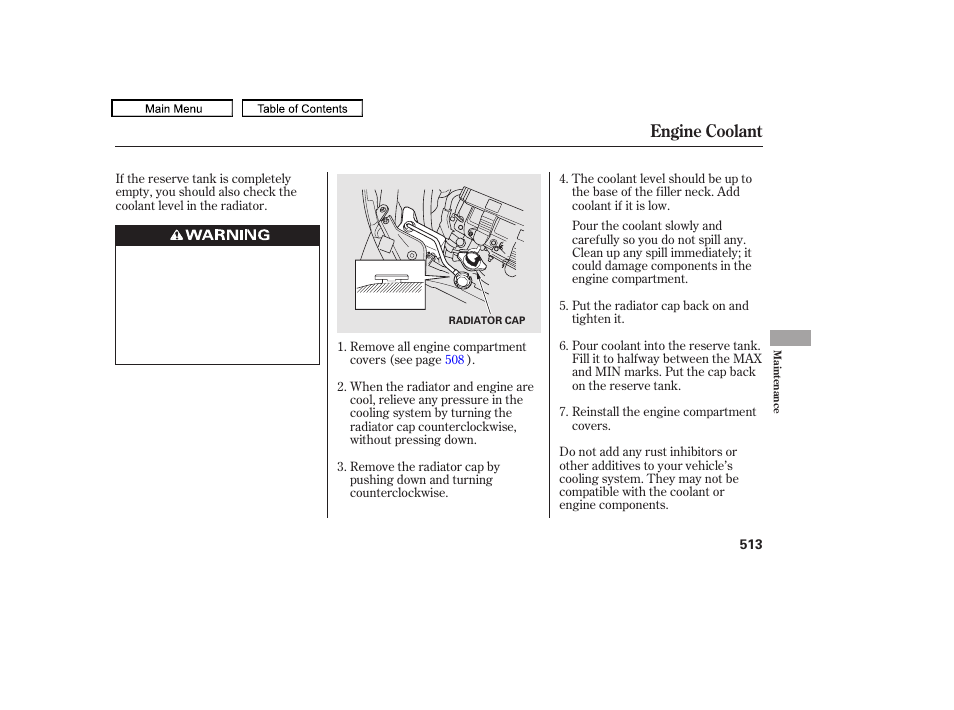 Radiator cap, Engine coolant | Acura 2011 TL User Manual | Page 516 / 614