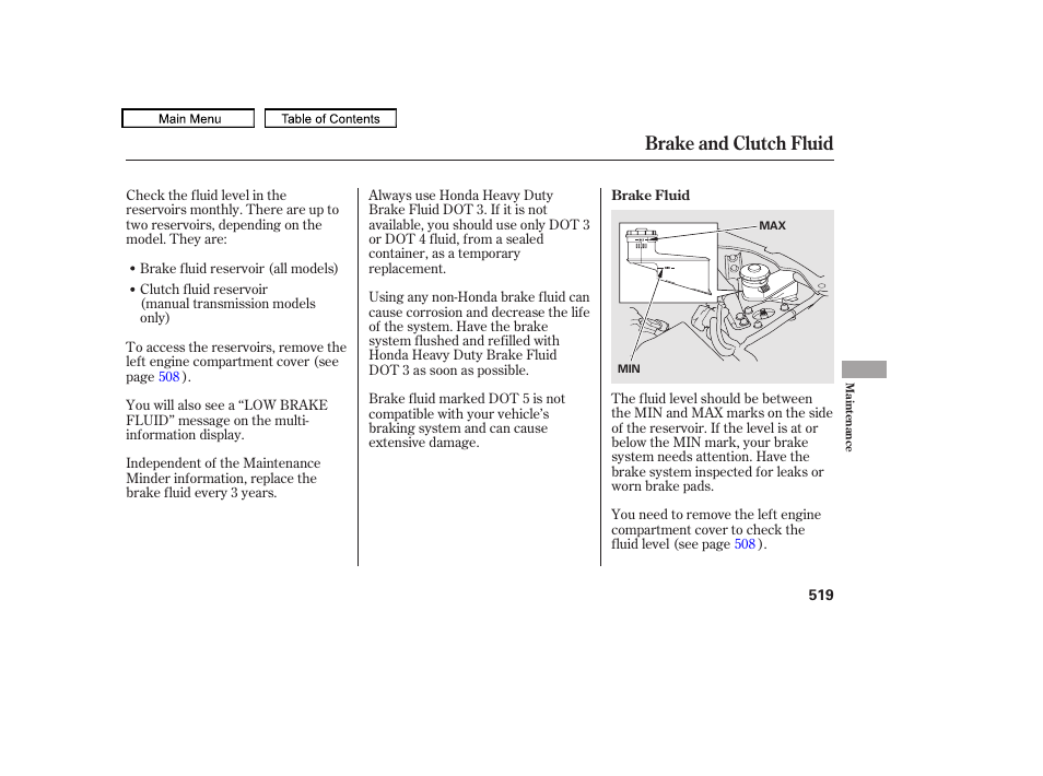 Brake fluid, Clutch fluid, Brake and clutch fluid | Acura 2011 TL User Manual | Page 522 / 614