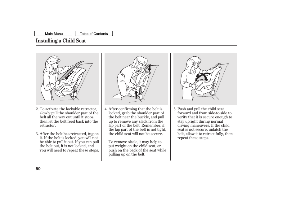 Installing a child seat | Acura 2011 TL User Manual | Page 53 / 614