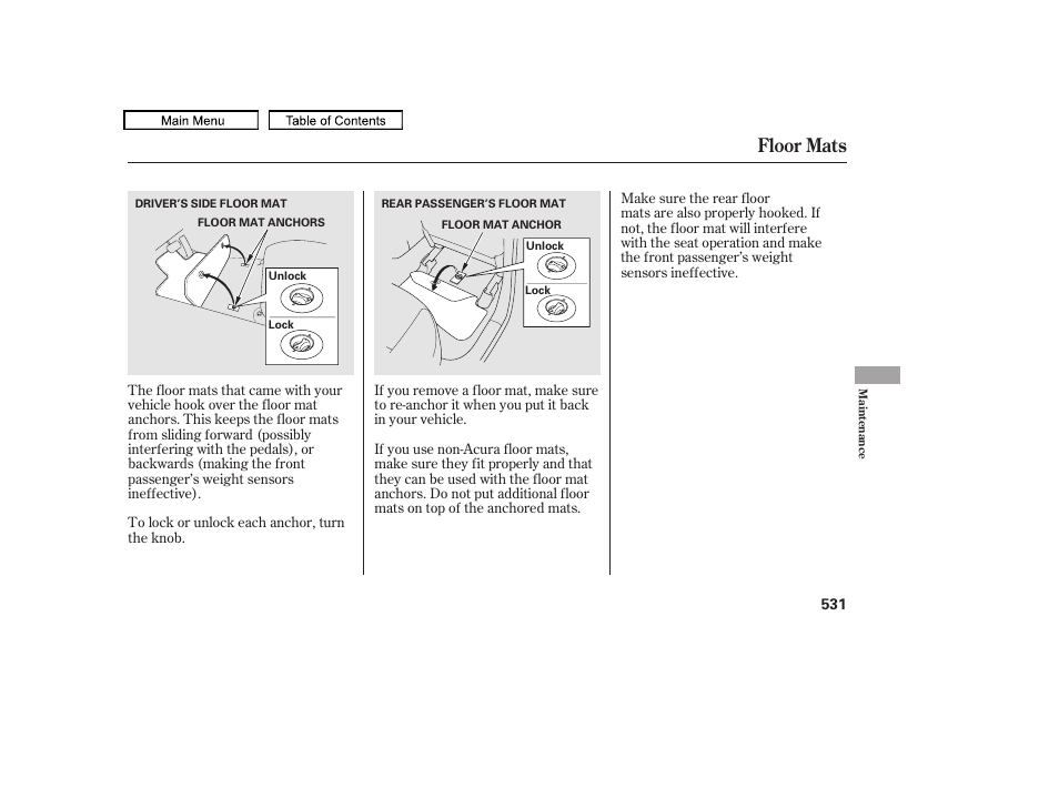 Floor mats, 2011 tl | Acura 2011 TL User Manual | Page 534 / 614