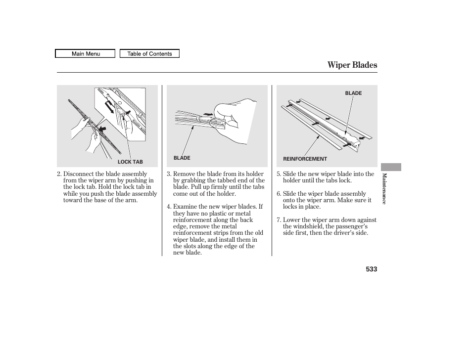 Wiper blades | Acura 2011 TL User Manual | Page 536 / 614