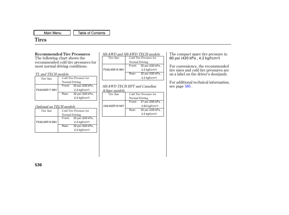 Tires, 2011 tl | Acura 2011 TL User Manual | Page 539 / 614