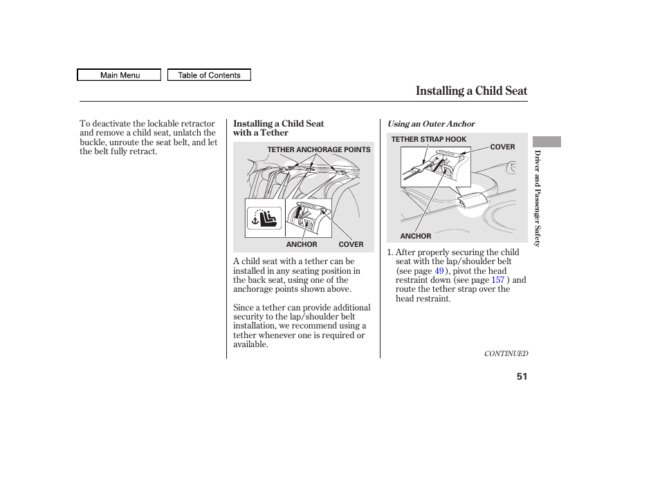 Installing a child seat, 2011 tl | Acura 2011 TL User Manual | Page 54 / 614