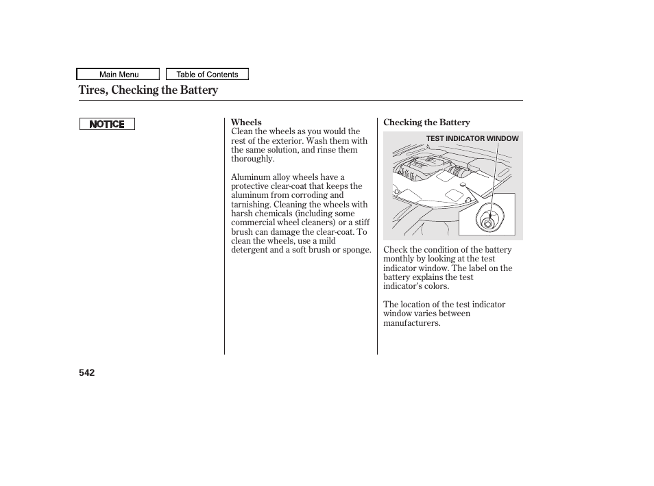 Tires, checking the battery | Acura 2011 TL User Manual | Page 545 / 614