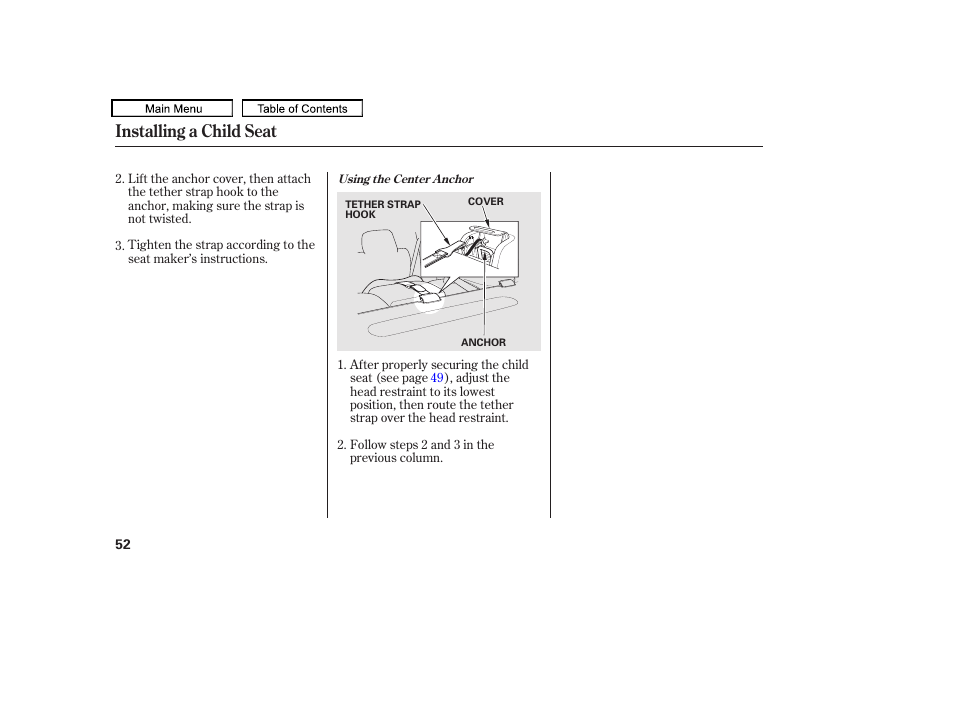 Installing a child seat | Acura 2011 TL User Manual | Page 55 / 614