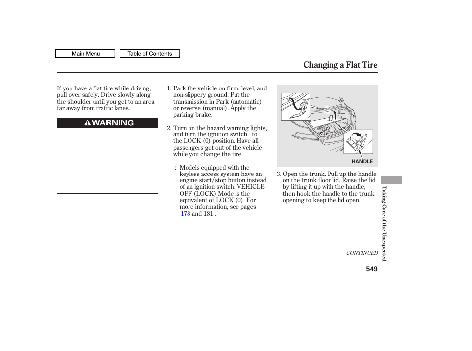 Changing a flat tire, 2011 tl | Acura 2011 TL User Manual | Page 552 / 614