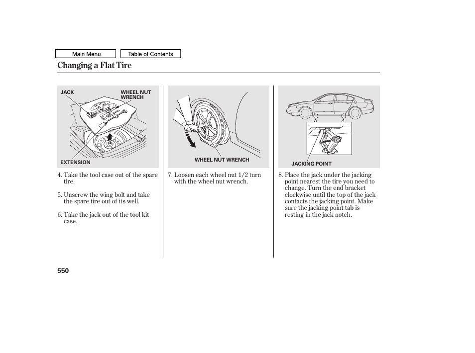 Changing a flat tire | Acura 2011 TL User Manual | Page 553 / 614