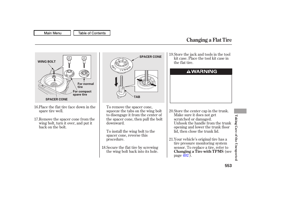 Changing a flat tire, 2011 tl | Acura 2011 TL User Manual | Page 556 / 614