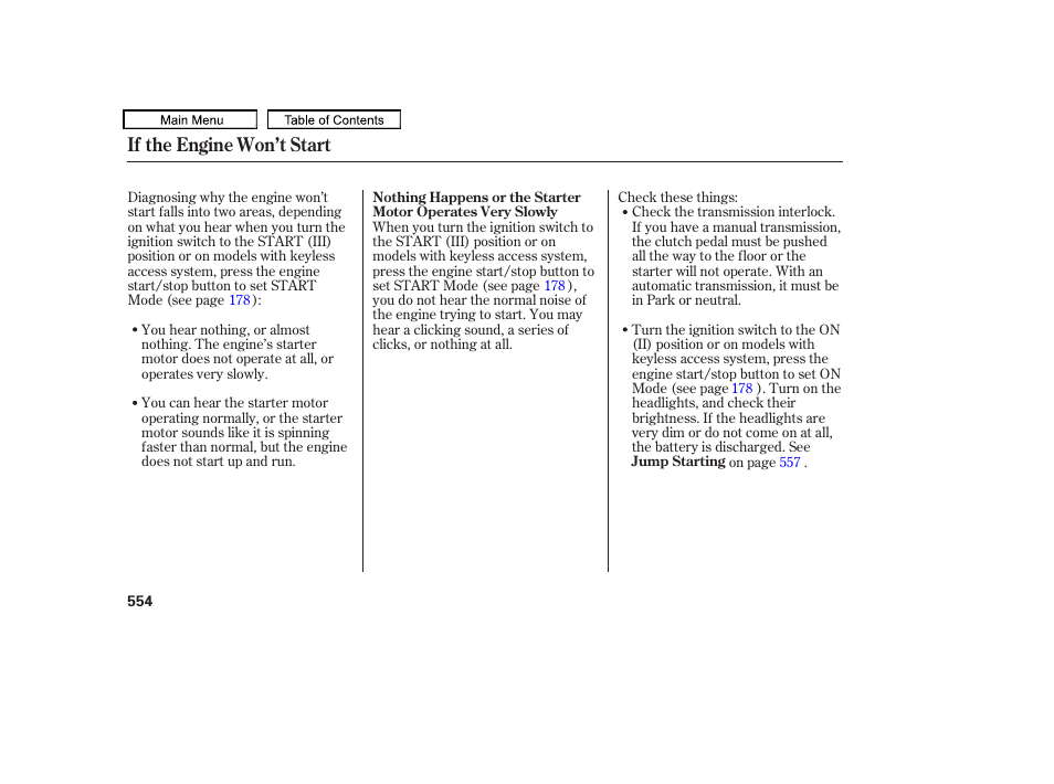 If the engine won’t start | Acura 2011 TL User Manual | Page 557 / 614