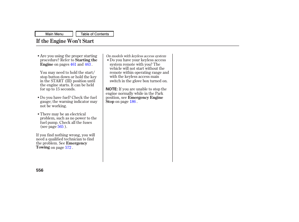 If the engine won’t start | Acura 2011 TL User Manual | Page 559 / 614