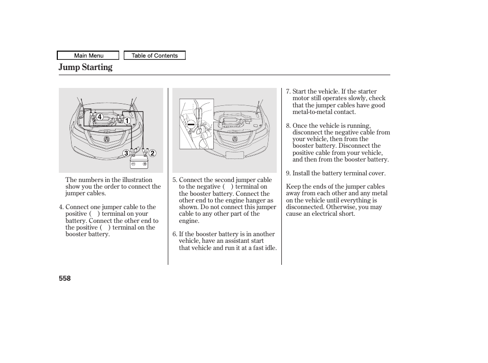 Jump starting | Acura 2011 TL User Manual | Page 561 / 614