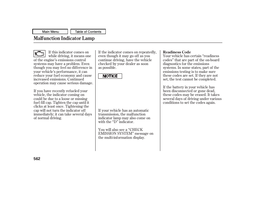 Malfunction indicator lamp | Acura 2011 TL User Manual | Page 565 / 614