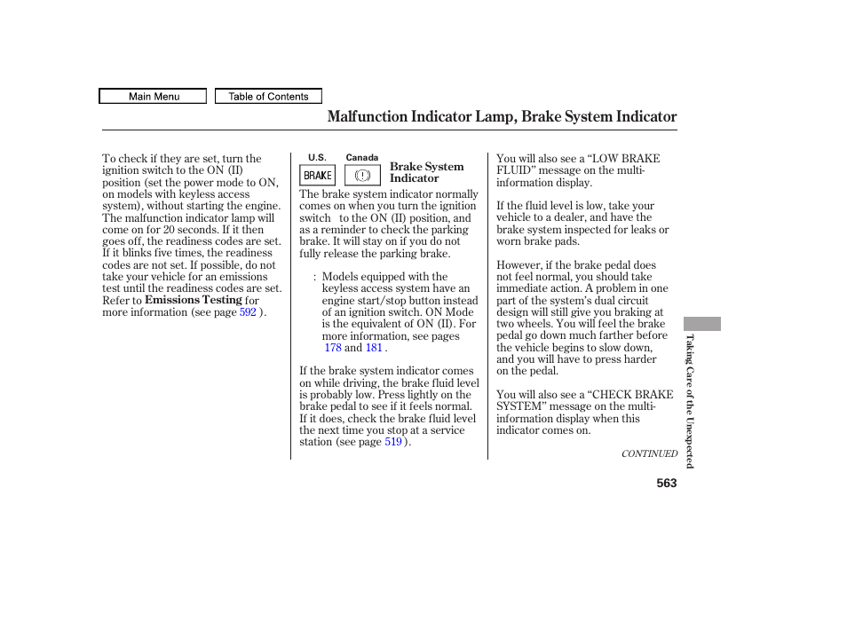 Malfunction indicator lamp, brake system indicator, 2011 tl | Acura 2011 TL User Manual | Page 566 / 614