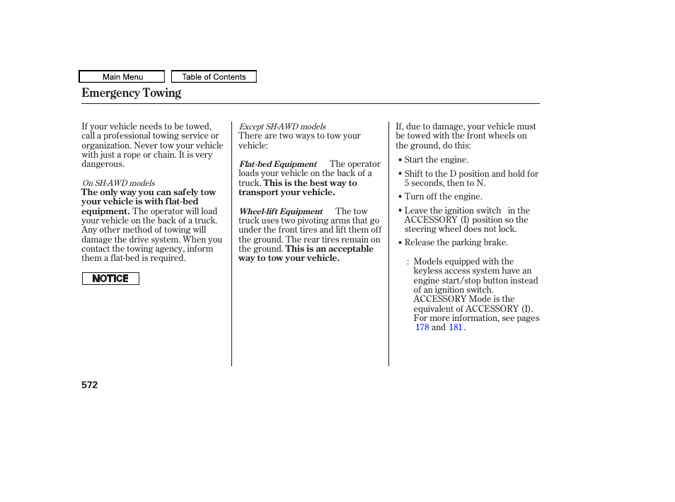 Emergency towing | Acura 2011 TL User Manual | Page 575 / 614