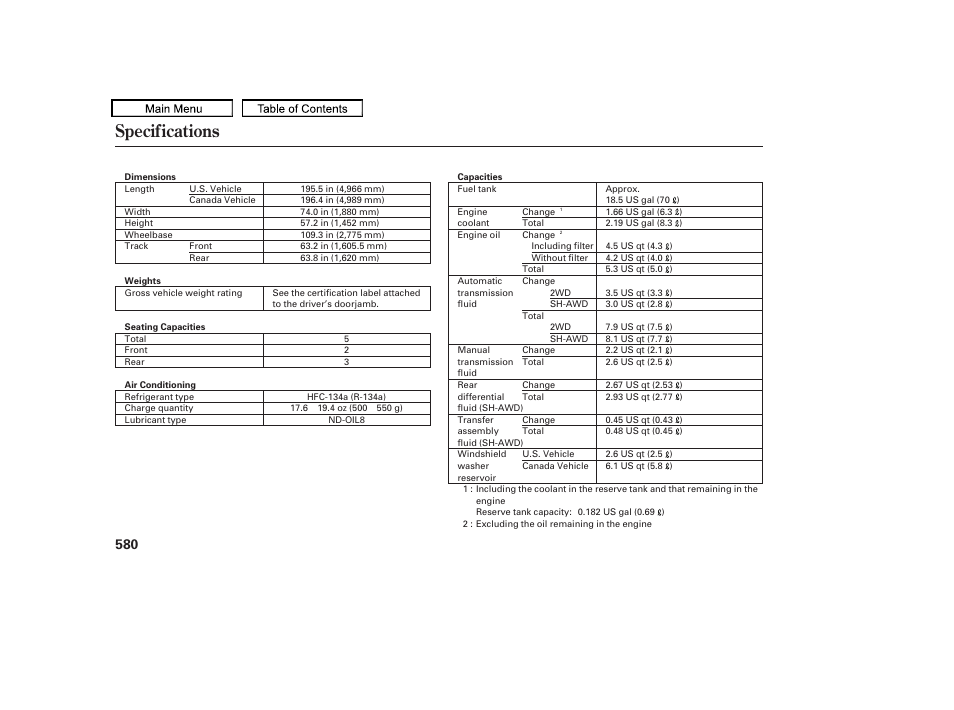 Specifications, 2011 tl | Acura 2011 TL User Manual | Page 583 / 614