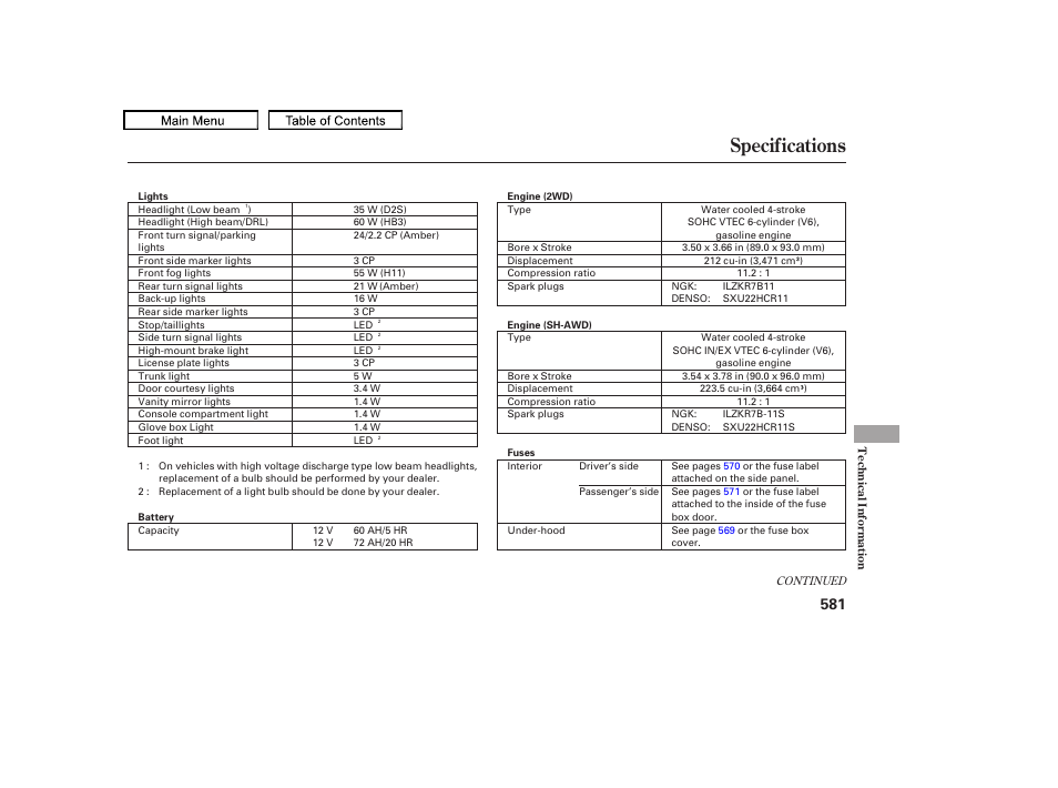 Specifications, 2011 tl | Acura 2011 TL User Manual | Page 584 / 614