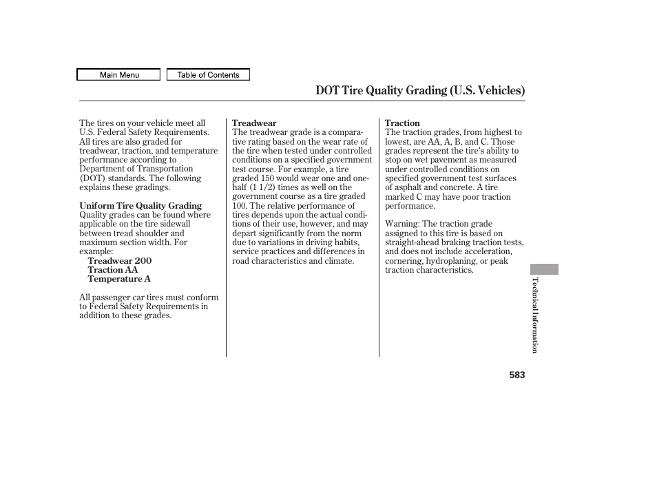 Dot tire quality grading (u.s. vehicles) | Acura 2011 TL User Manual | Page 586 / 614