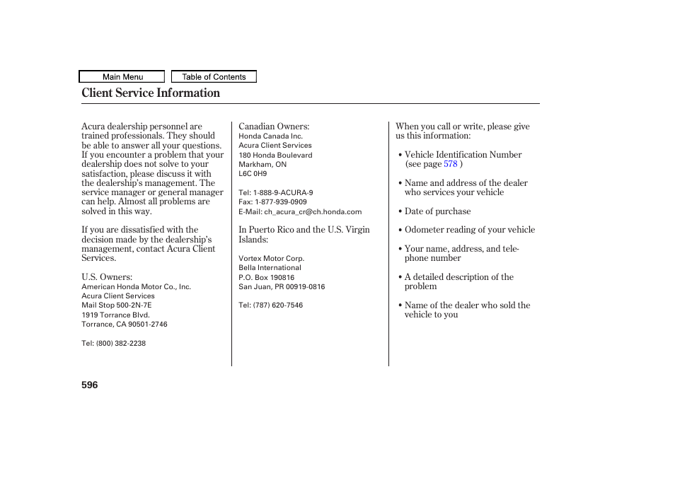 Client service information | Acura 2011 TL User Manual | Page 599 / 614