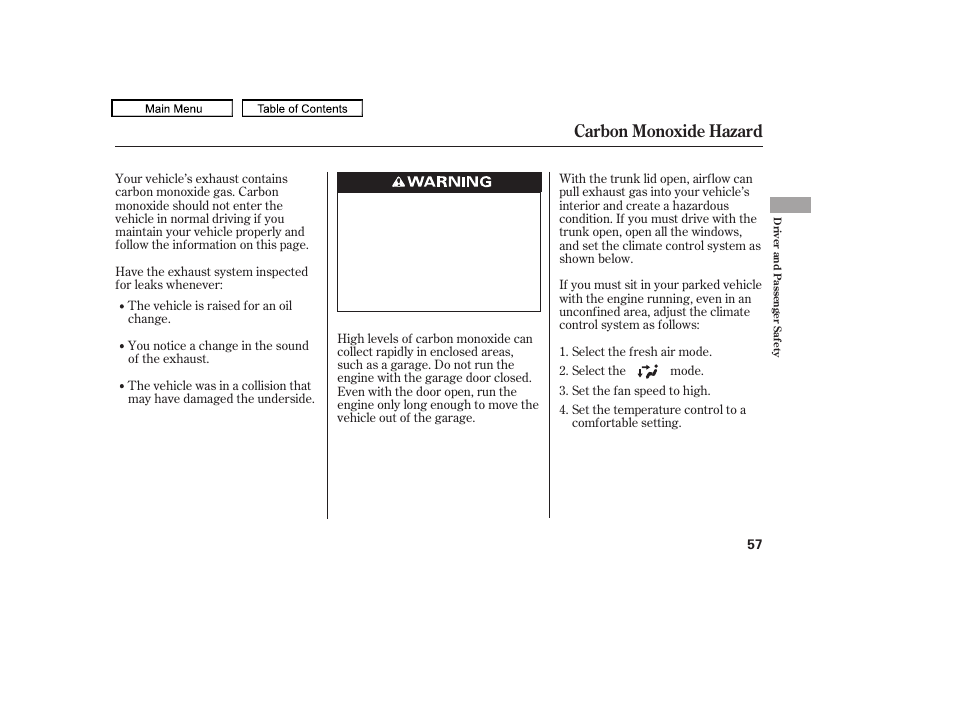 Carbon monoxide hazard | Acura 2011 TL User Manual | Page 60 / 614