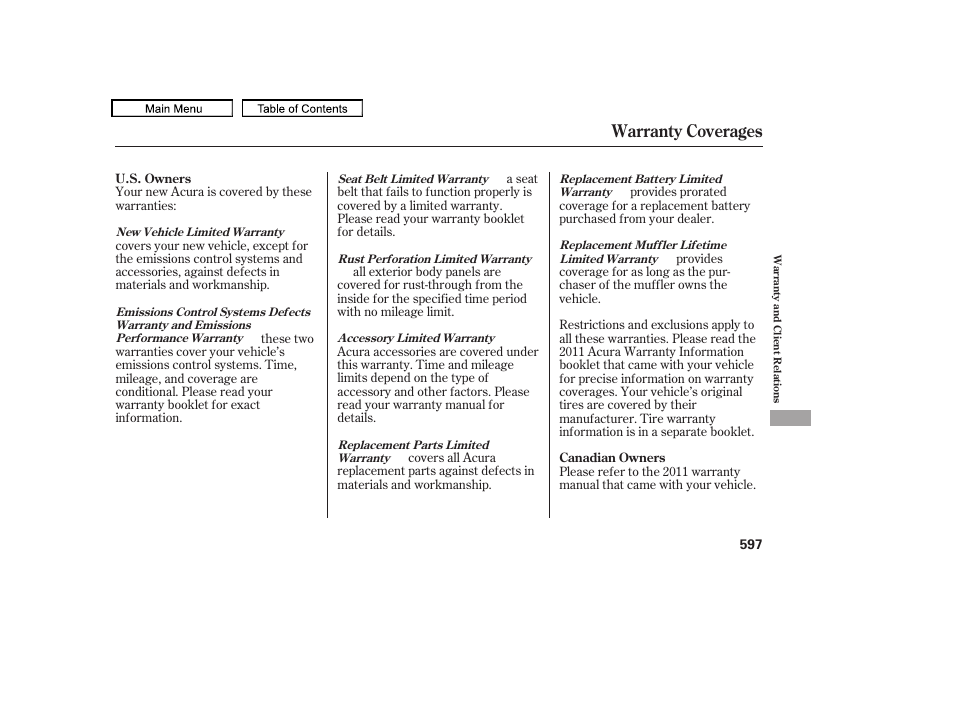 Warranty coverages, 2011 tl | Acura 2011 TL User Manual | Page 600 / 614