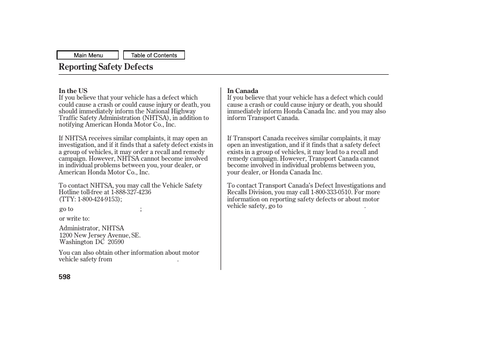 Reporting safety defects | Acura 2011 TL User Manual | Page 601 / 614