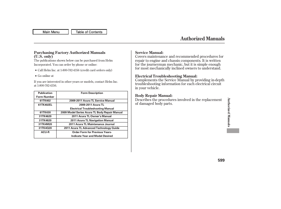 Authorized manuals, 2011 tl | Acura 2011 TL User Manual | Page 602 / 614