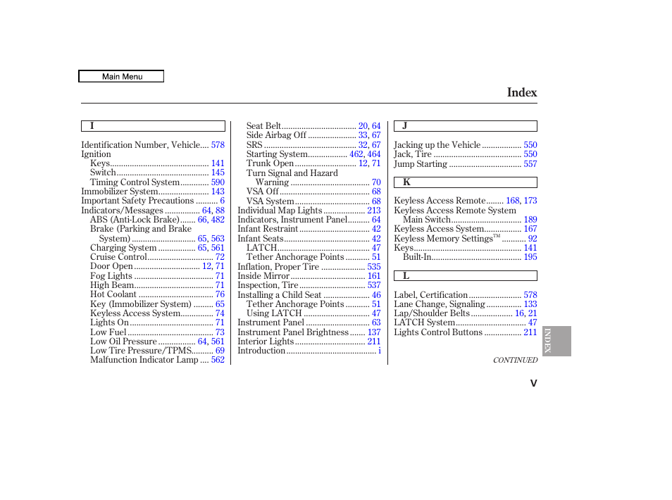 Index | Acura 2011 TL User Manual | Page 607 / 614