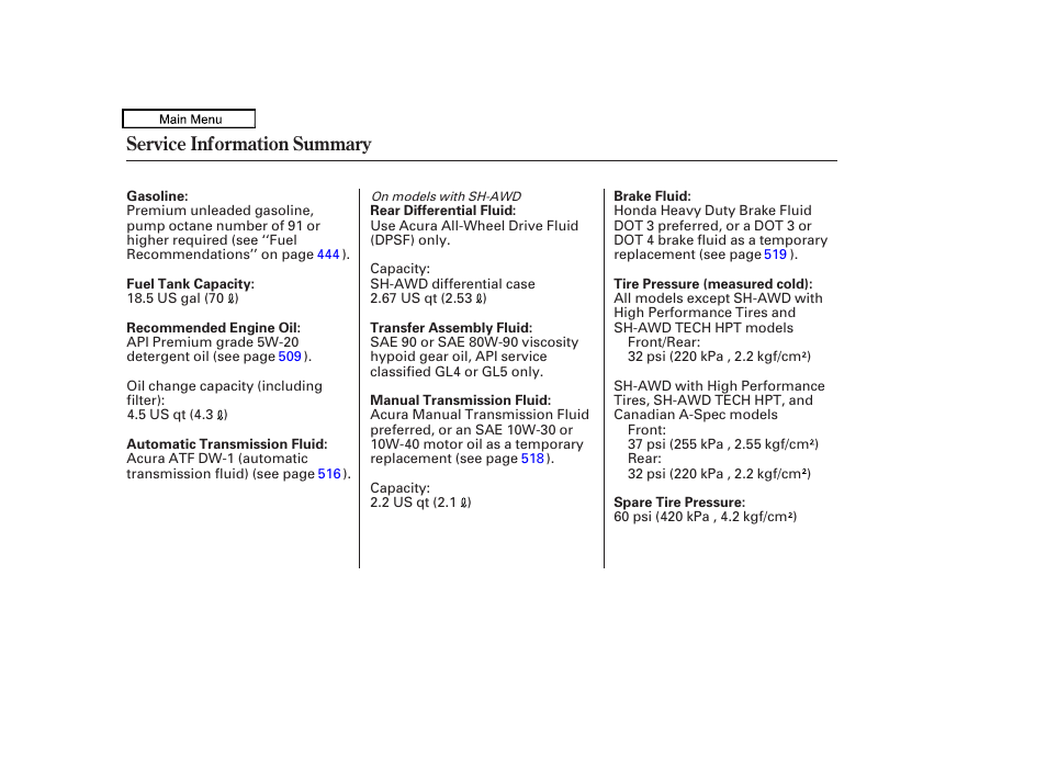 Service inf ormation summary, Service information summary | Acura 2011 TL User Manual | Page 613 / 614