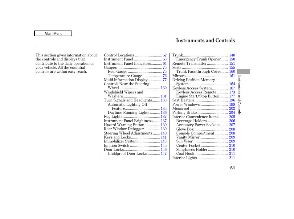 Instruments and controls | Acura 2011 TL User Manual | Page 64 / 614