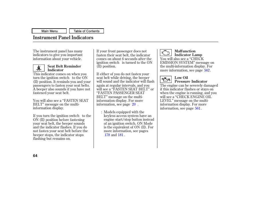 Instrument panel indicators | Acura 2011 TL User Manual | Page 67 / 614