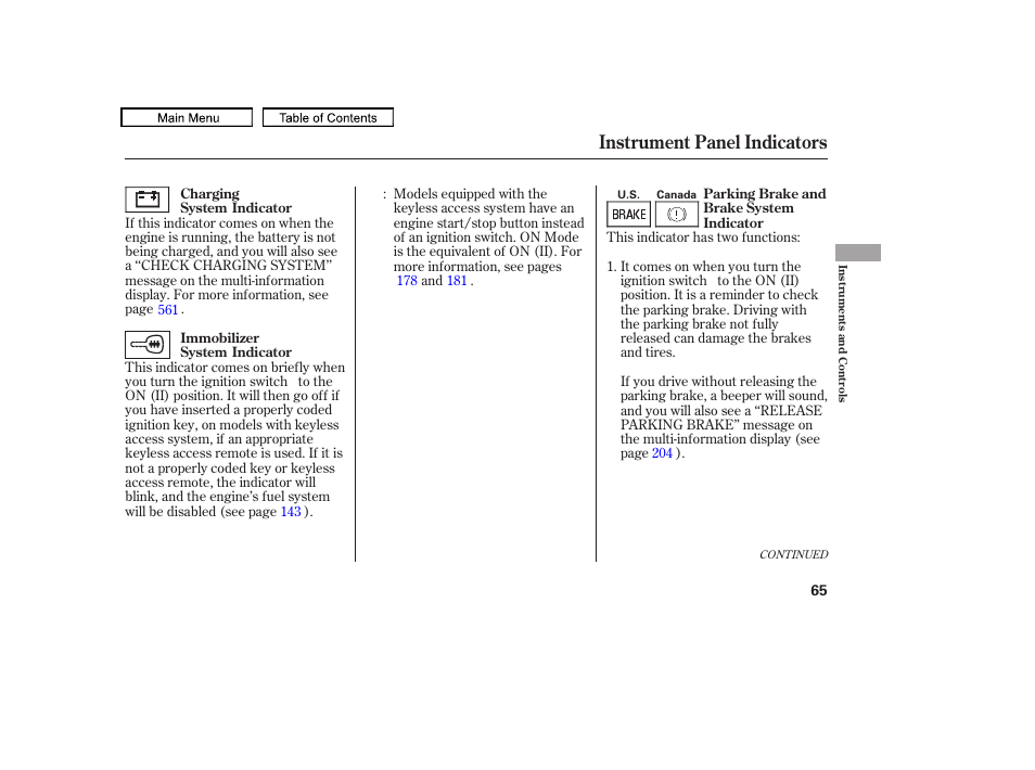 Instrument panel indicators, 2011 tl | Acura 2011 TL User Manual | Page 68 / 614